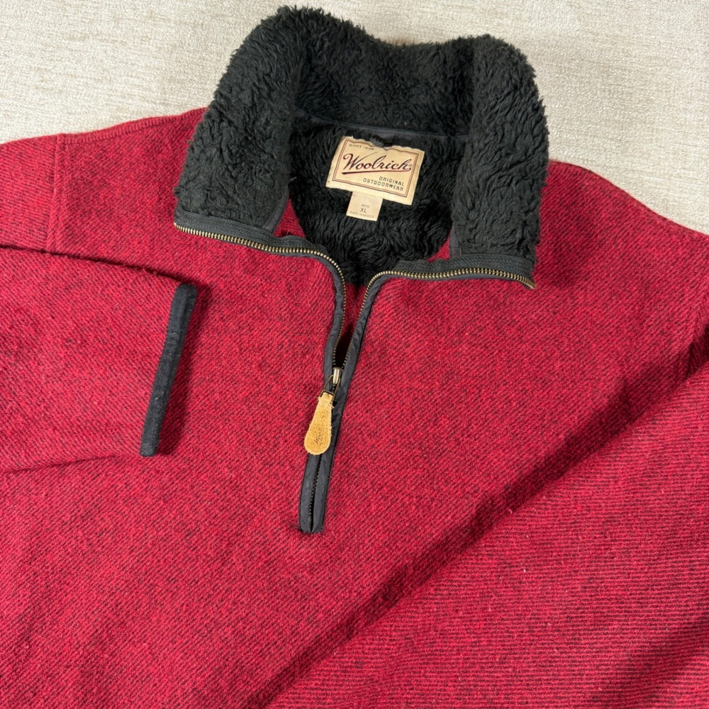 Woolrich 1/4 Zip Pullover‎ Mens XL Red Sherpa Collar Wool Blend L/S 16225
